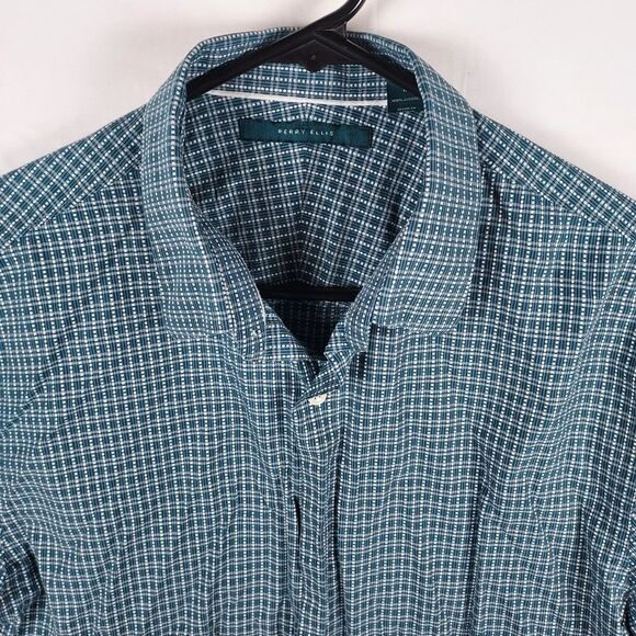Perry Ellis M Cotton Check Button-Up Shirt Long Sleeve Casual Grid Pattern - Picture 3 of 9